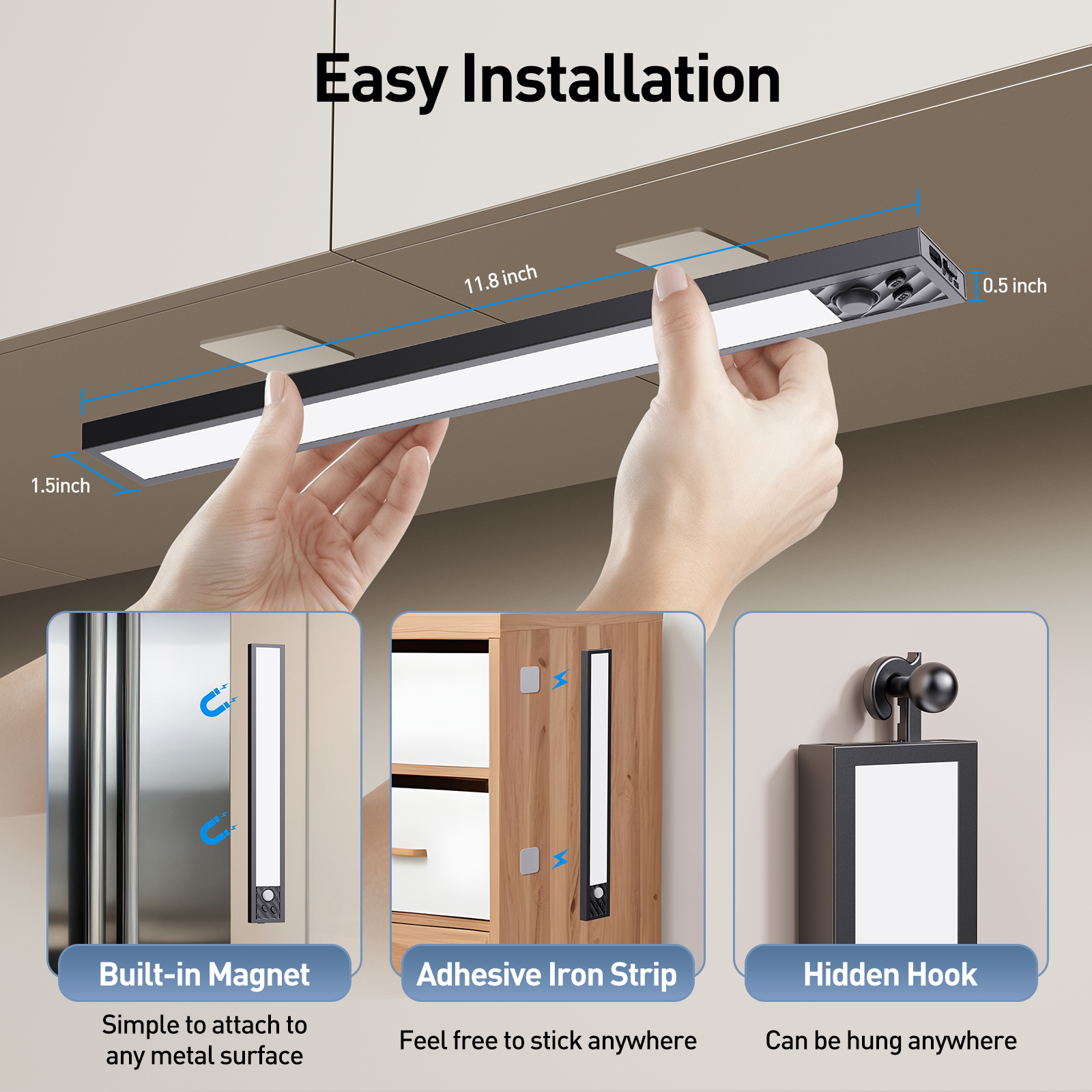 Under Cabinet Lights, 45LED Motion Sensor Cabinet Light,Magnetic Motion Activated Light, 5 Color temperatures Closet Light, Wireless USB Rechargeable Kitchen Cupboard Night Lights - 2Pack - Image 5